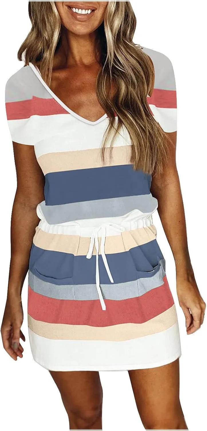 Women Color Block/Striped Beach Dresses Spaghetti Strap Mini Sun Dresses Summer Casual Trendy Cruise Vacation Outfits 2023