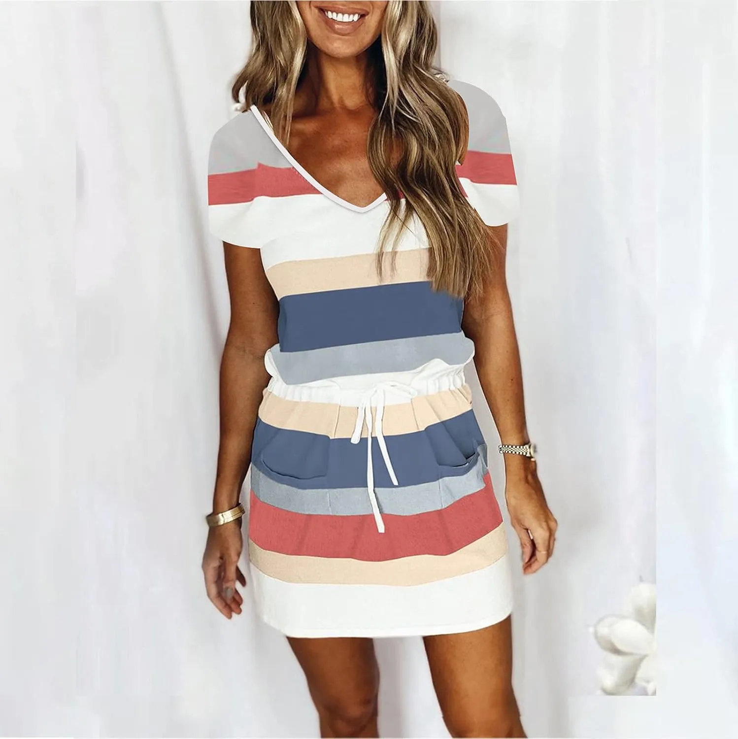 Women Color Block/Striped Beach Dresses Spaghetti Strap Mini Sun Dresses Summer Casual Trendy Cruise Vacation Outfits 2023