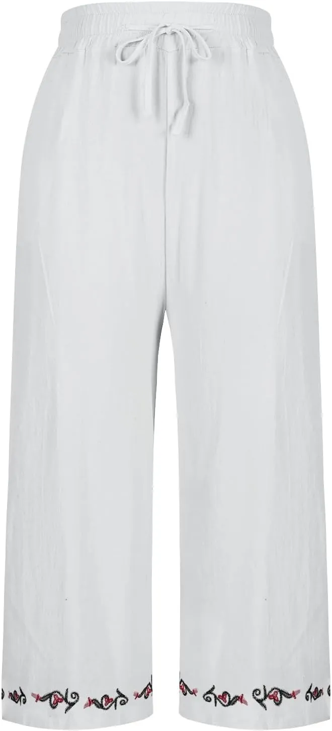 Women Cotton Linen Embroidered Capri Pants, Drawstring Casual Wide Leg Pant Summer Comfy Breathable Pockets Trousers