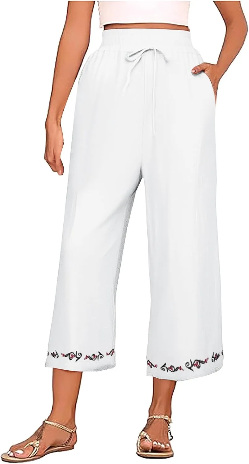 Women Cotton Linen Embroidered Capri Pants, Drawstring Casual Wide Leg Pant Summer Comfy Breathable Pockets Trousers