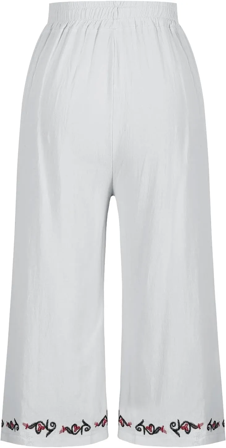 Women Cotton Linen Embroidered Capri Pants, Drawstring Casual Wide Leg Pant Summer Comfy Breathable Pockets Trousers