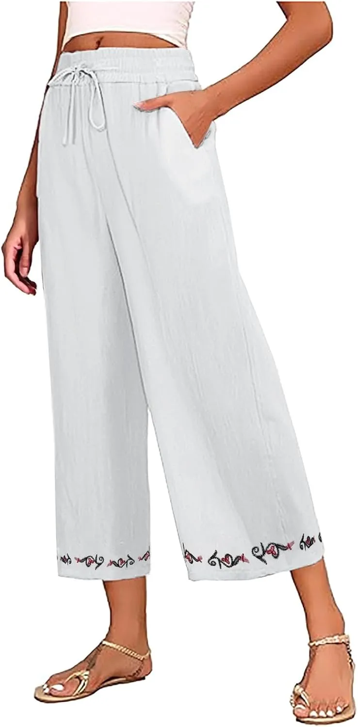 Women Cotton Linen Embroidered Capri Pants, Drawstring Casual Wide Leg Pant Summer Comfy Breathable Pockets Trousers