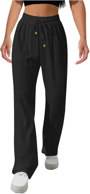 Women Cotton Linen Pant, Summer Loose Breathable Business Work Casual Clothes Elastic Waist Drawstring Pockets Trousers