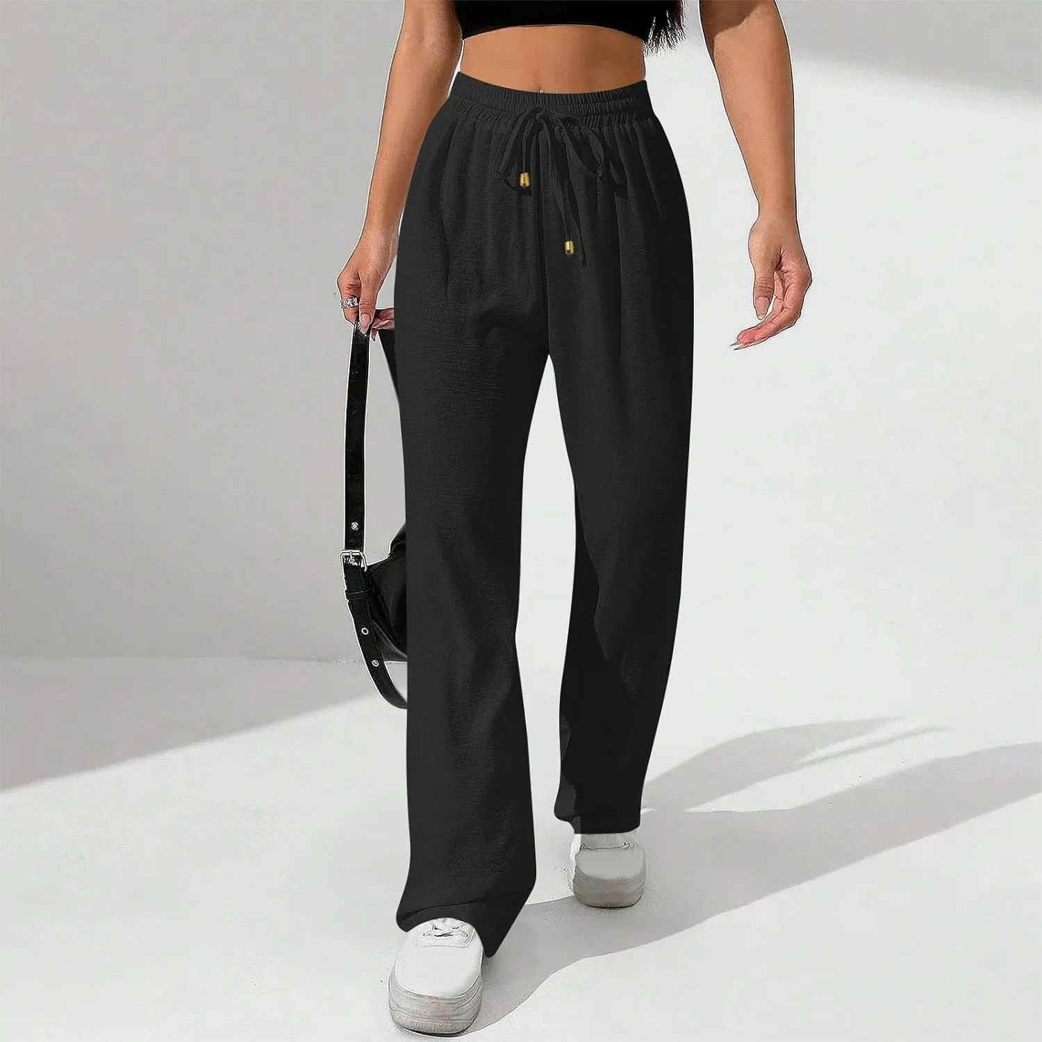 Women Cotton Linen Pant, Summer Loose Breathable Business Work Casual Clothes Elastic Waist Drawstring Pockets Trousers