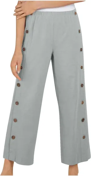 Women Cotton Linen Pants Side Button Casaul Summer Wide Leg Pant Elastic High Waist Straight Trousers 2025 Trendy