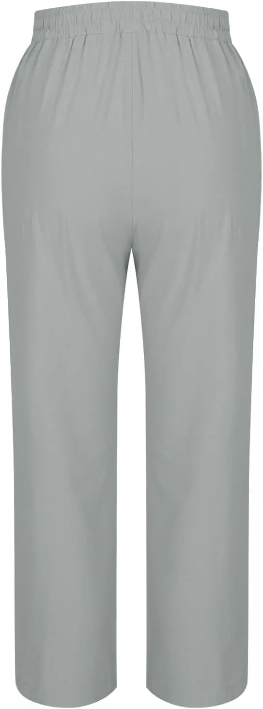 Women Cotton Linen Pants Side Button Casaul Summer Wide Leg Pant Elastic High Waist Straight Trousers 2025 Trendy