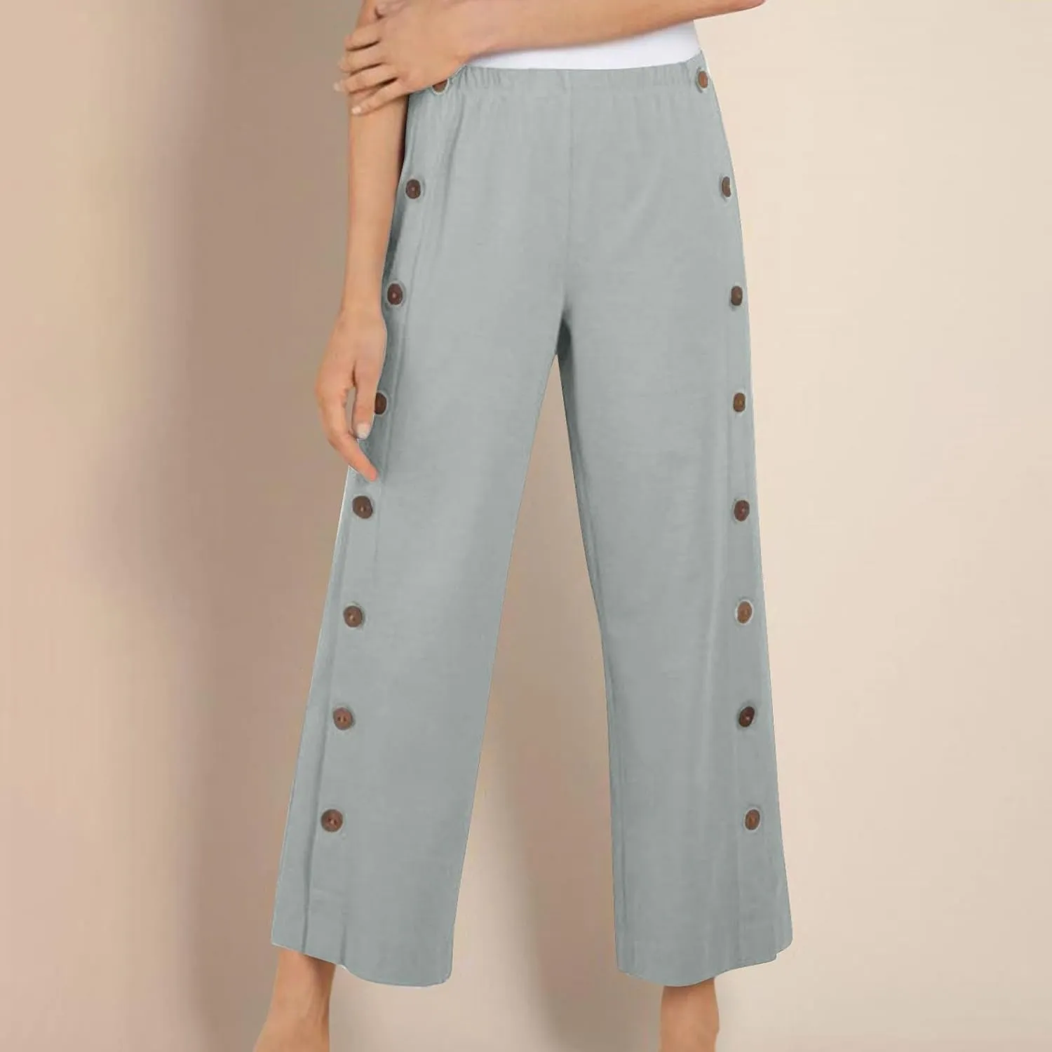 Women Cotton Linen Pants Side Button Casaul Summer Wide Leg Pant Elastic High Waist Straight Trousers 2025 Trendy