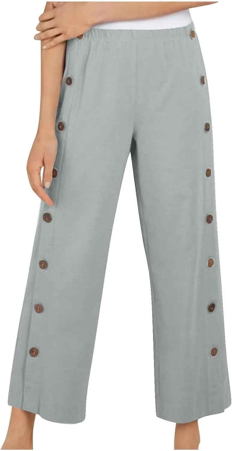 Women Cotton Linen Pants Side Button Casaul Summer Wide Leg Pant Elastic High Waist Straight Trousers 2025 Trendy