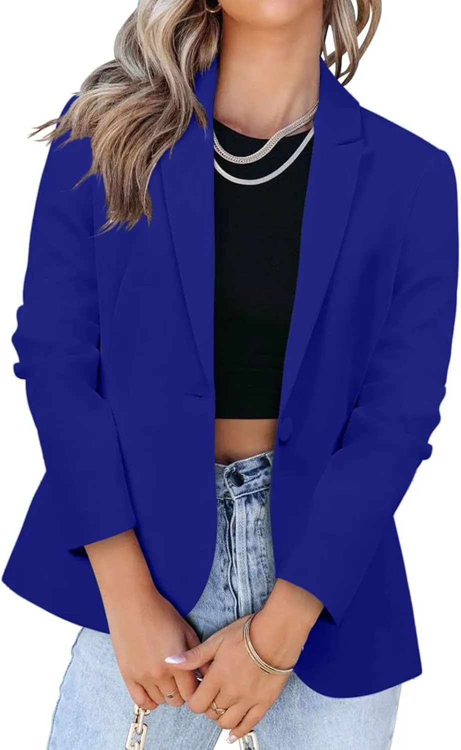 Women Fashion Button Down Blazer Suit Solid Long Sleeve Lapel Cardigan Blazer Business Casual Loose Jacket Coat