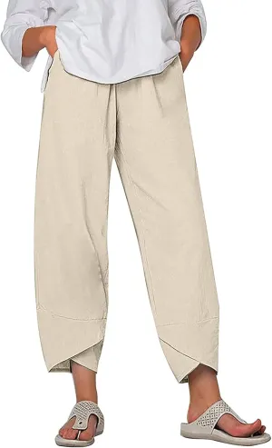 Women High Rise Casual Solid Linen Dressy Capri Pants 2024 Summer Casual Pants Cropped Tapered Travel Beach Outfits