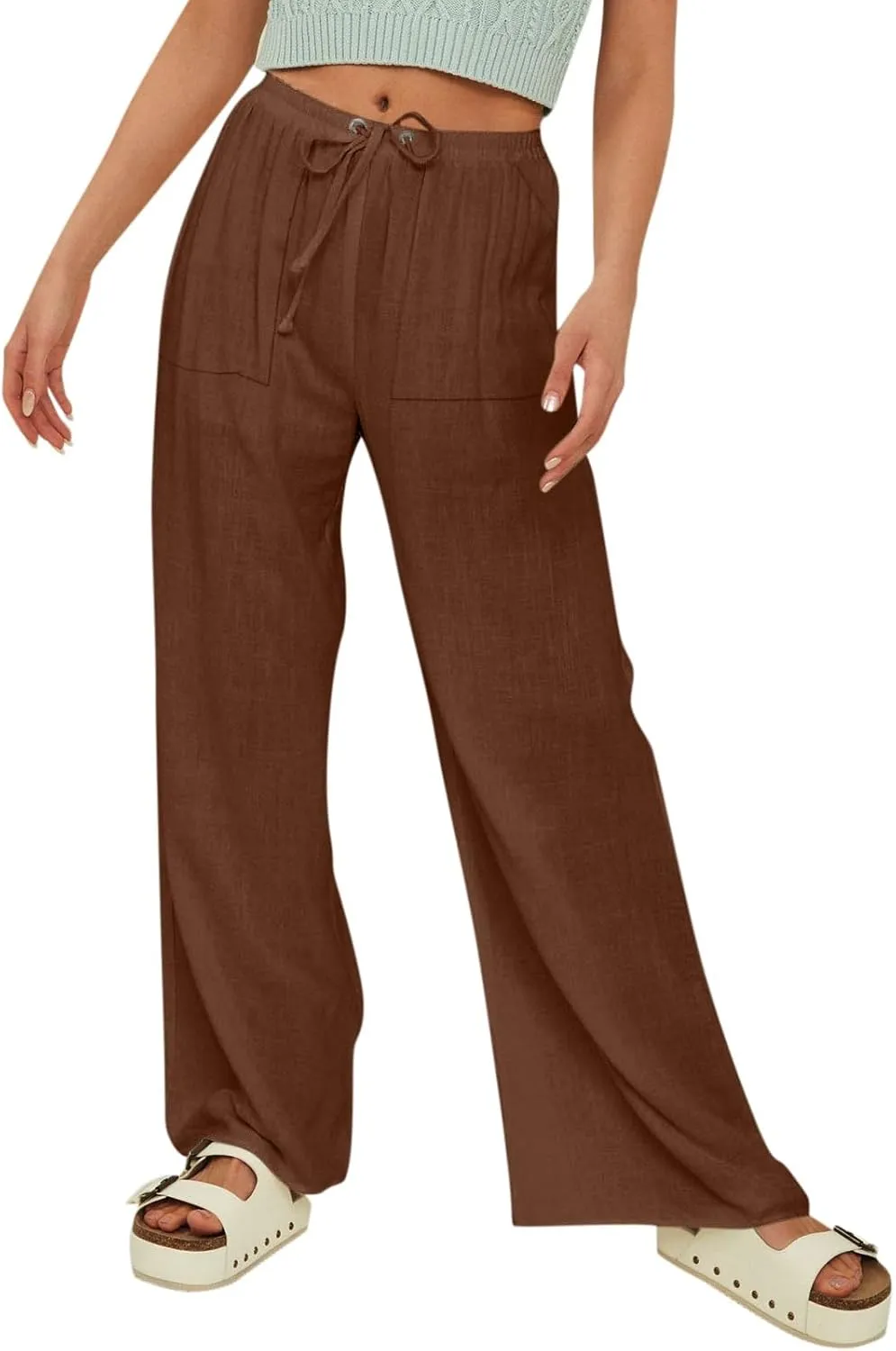 Women Linen Baggy Harem Pants Elastic High Waist Loose Slit Cropped Pants with Pockets with Pockets Women's Beach