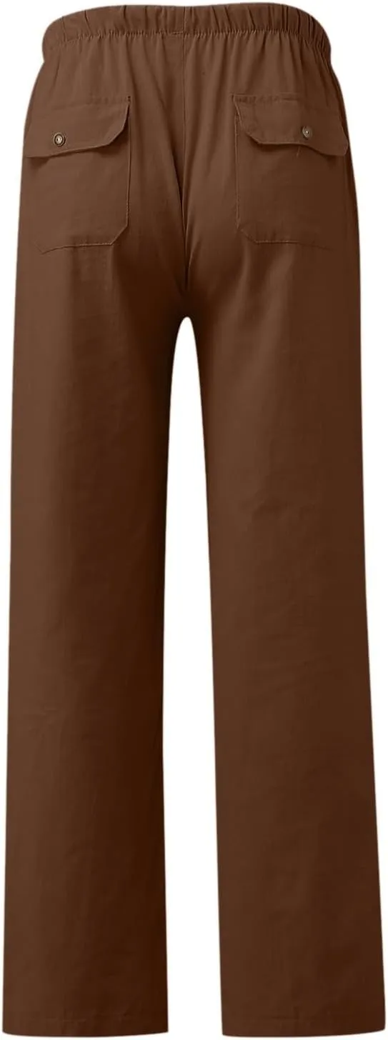 Women Linen Baggy Harem Pants Elastic High Waist Loose Slit Cropped Pants with Pockets with Pockets Women's Beach