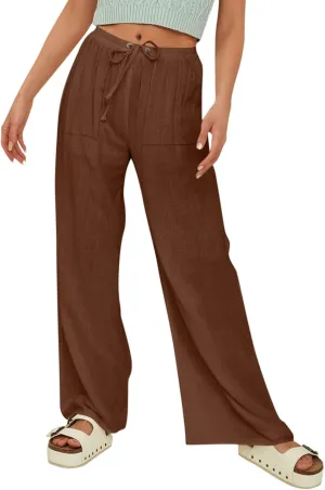 Women Linen Baggy Harem Pants Elastic High Waist Loose Slit Cropped Pants with Pockets with Pockets Women's Beach
