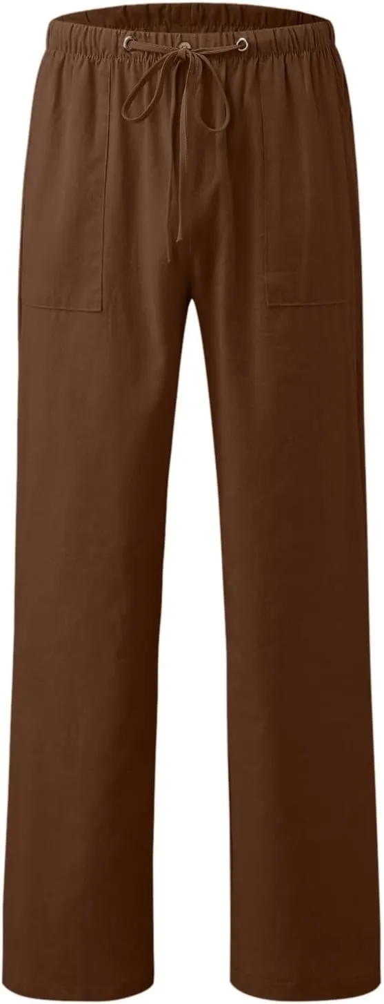Women Linen Baggy Harem Pants Elastic High Waist Loose Slit Cropped Pants with Pockets with Pockets Women's Beach