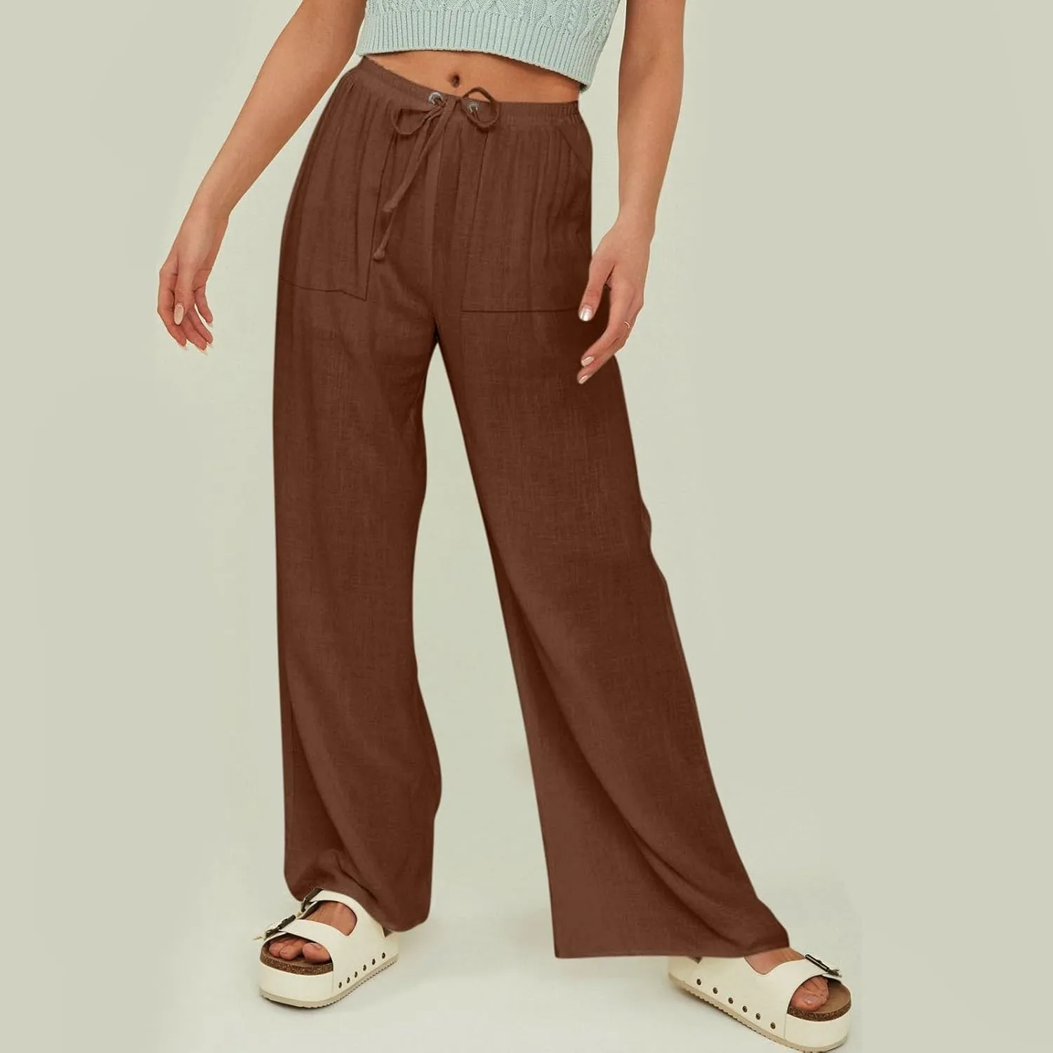Women Linen Baggy Harem Pants Elastic High Waist Loose Slit Cropped Pants with Pockets with Pockets Women's Beach