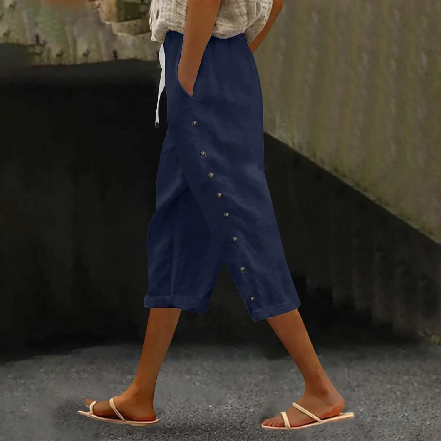 Women Linen Palazzo Pants Cotton Linen Elastic Seven Pants Beach Casual Trendy Lounge with Pockets