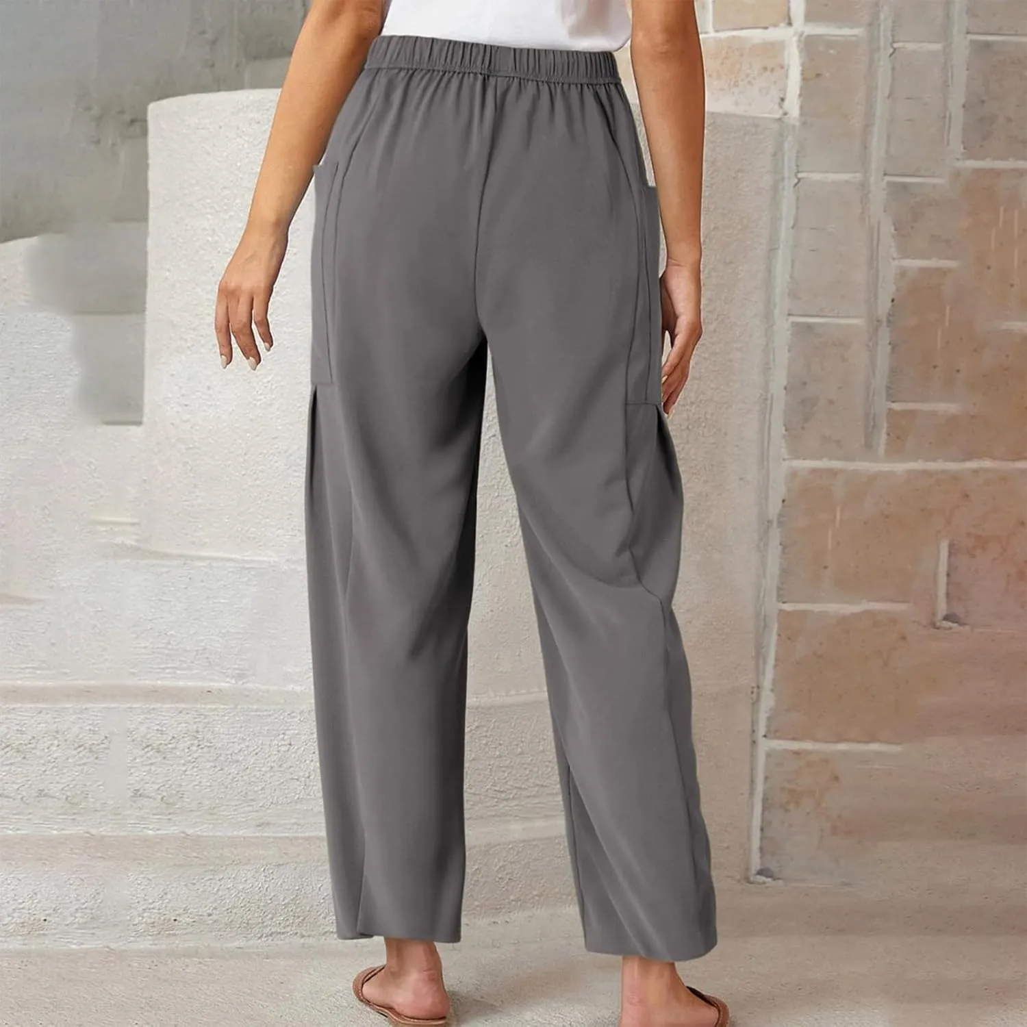 Women Linen Palazzo Pants Summer Boho Wide Leg High Waist Drawstring Casual High Waist Lounge Pant Trousers Pockets