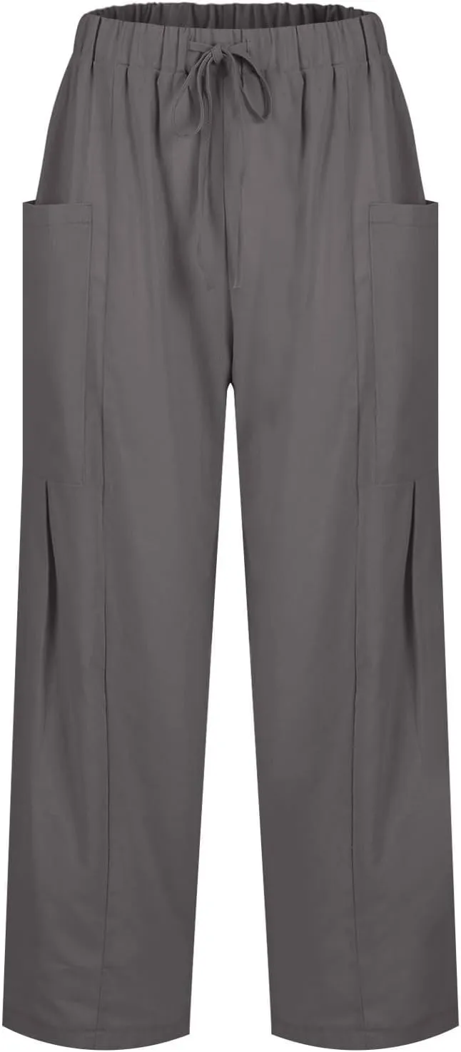 Women Linen Palazzo Pants Summer Boho Wide Leg High Waist Drawstring Casual High Waist Lounge Pant Trousers Pockets