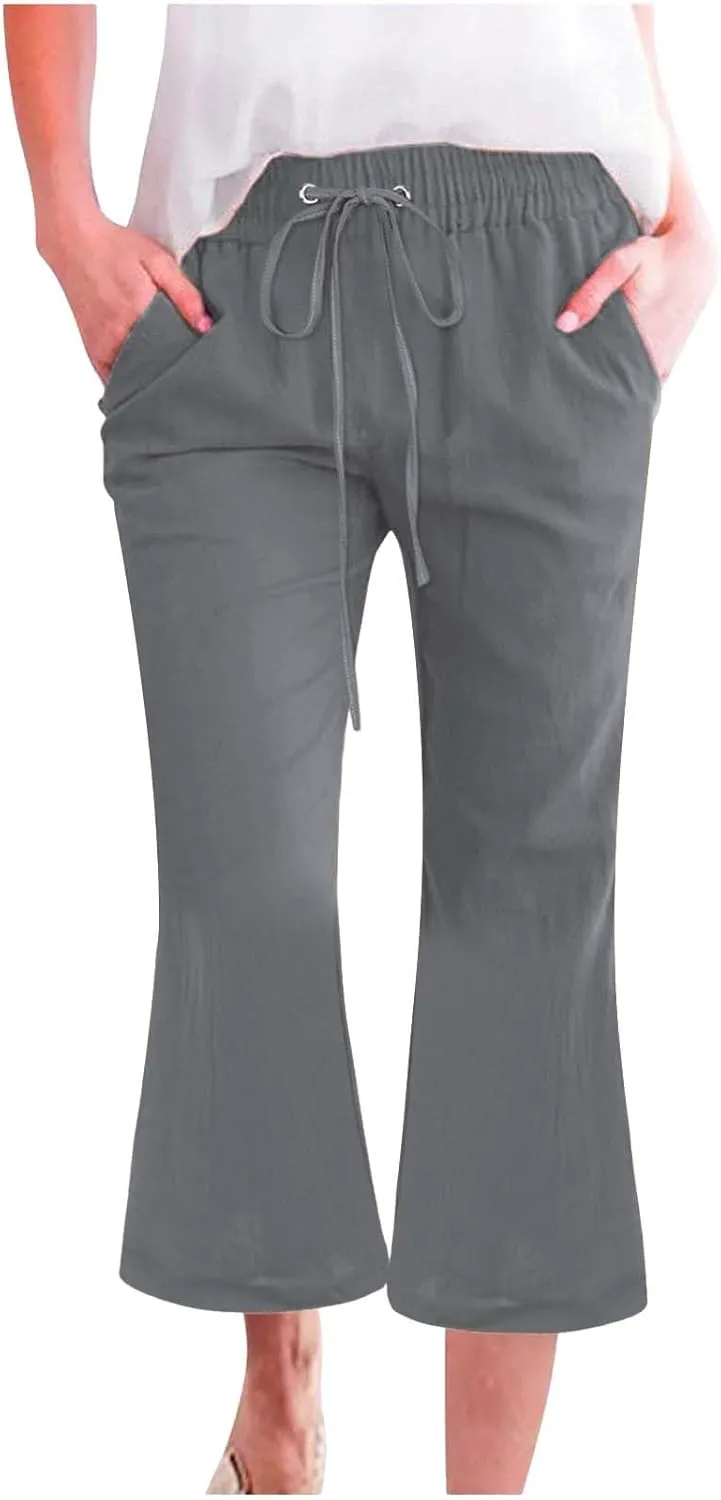 Women Linen Pants Summer Cotton and Linen Pocket Waist Slim Bell Bottom Pants Linen Blend Pants
