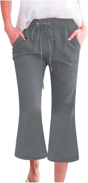 Women Linen Pants Summer Cotton and Linen Pocket Waist Slim Bell Bottom Pants Linen Blend Pants