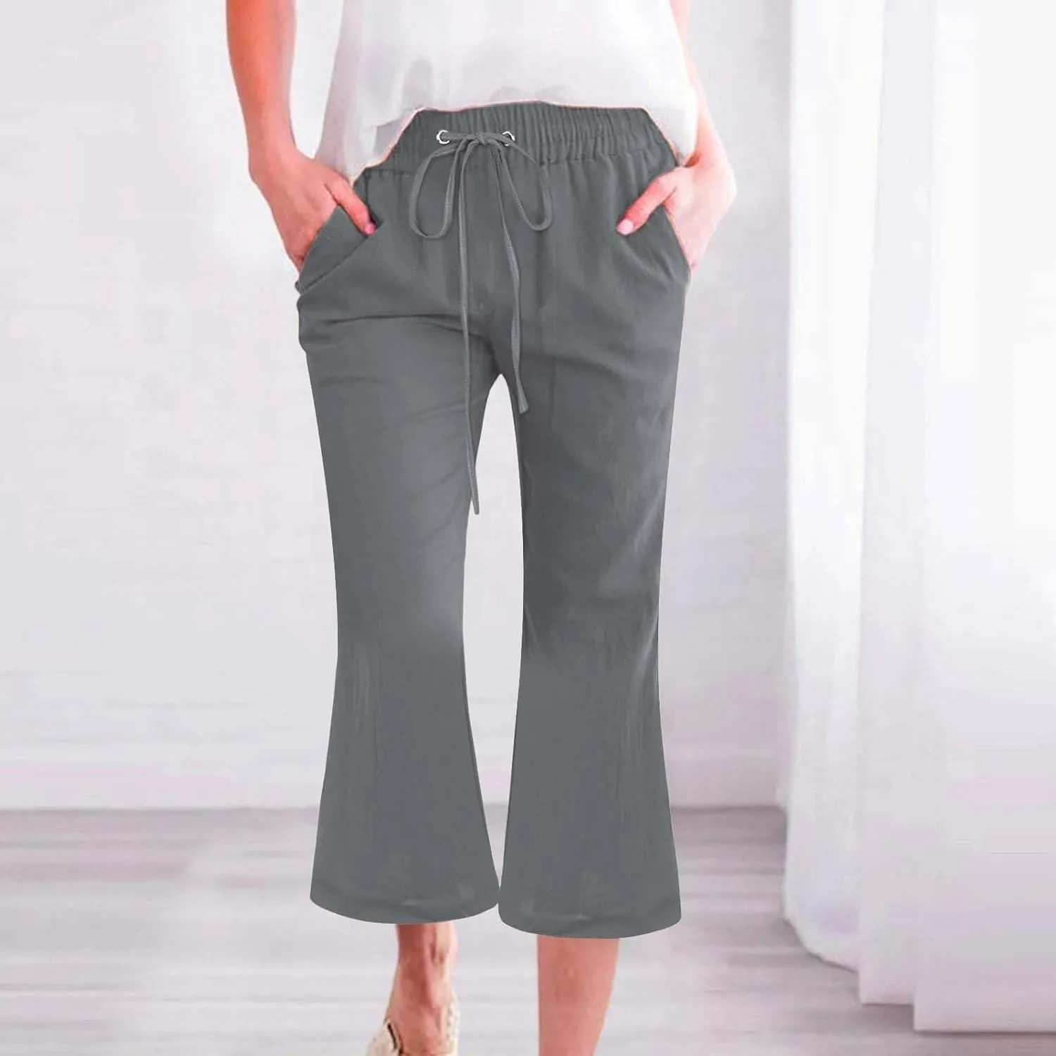 Women Linen Pants Summer Cotton and Linen Pocket Waist Slim Bell Bottom Pants Linen Blend Pants
