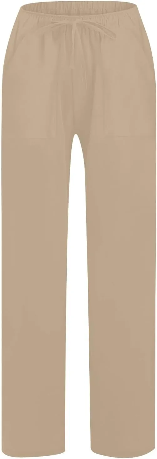 Women Linen Pants Summer Lightweight Cotton Linen Wide Leg Lounge Trousers Casual Elastic Waist Boho Beach Palazzo