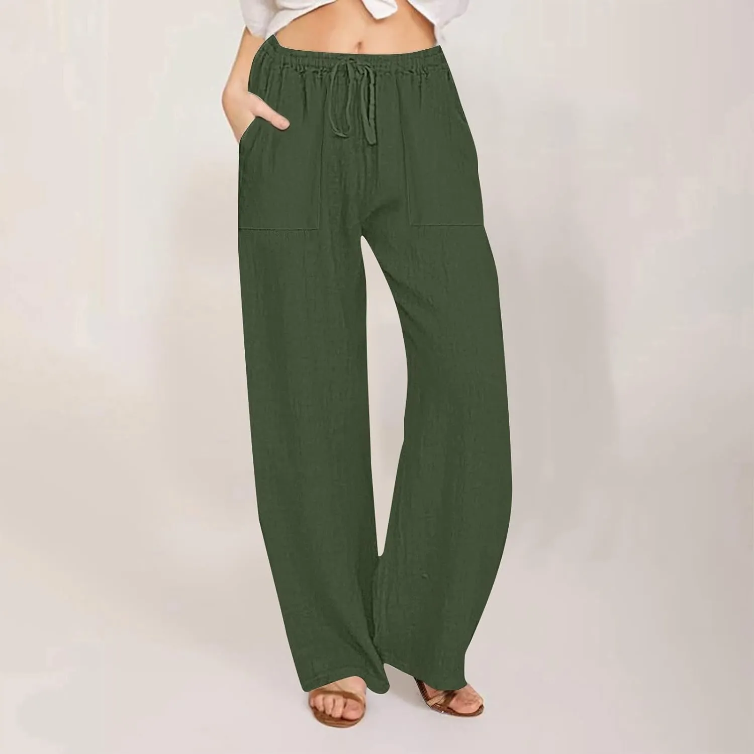 Women Linen Pants Summer Lightweight Cotton Linen Wide Leg Lounge Trousers Casual Elastic Waist Boho Beach Palazzo