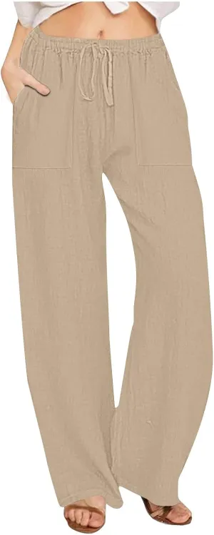 Women Linen Pants Summer Lightweight Cotton Linen Wide Leg Lounge Trousers Casual Elastic Waist Boho Beach Palazzo