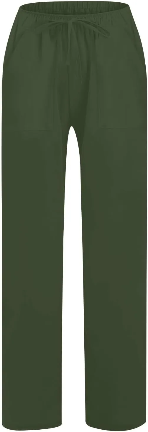 Women Linen Pants Summer Lightweight Cotton Linen Wide Leg Lounge Trousers Casual Elastic Waist Boho Beach Palazzo