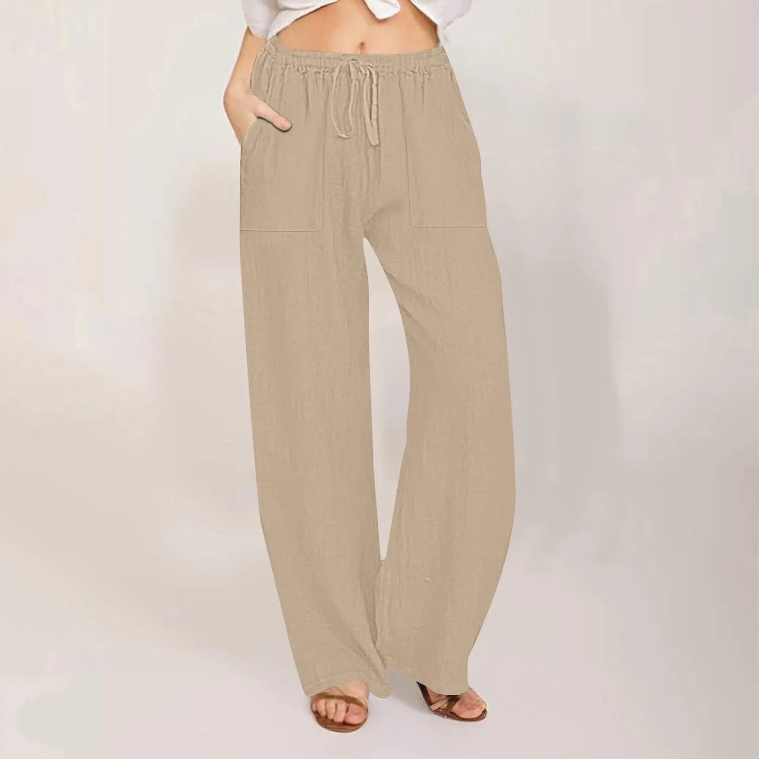 Women Linen Pants Summer Lightweight Cotton Linen Wide Leg Lounge Trousers Casual Elastic Waist Boho Beach Palazzo