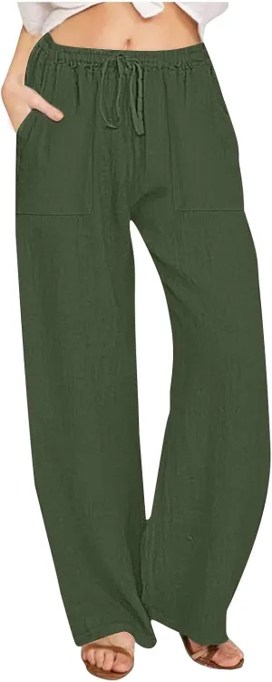 Women Linen Pants Summer Lightweight Cotton Linen Wide Leg Lounge Trousers Casual Elastic Waist Boho Beach Palazzo