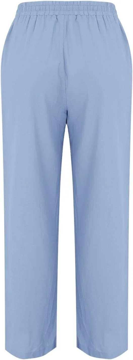 Women Linen Pants Summer Trouser Pant Cotton Blend Drawstring Elastic Waist Pocket Long Wide Leg Linen Pants Women