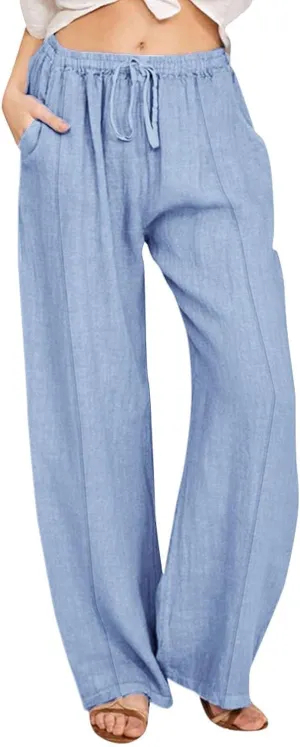 Women Linen Pants Summer Trouser Pant Cotton Blend Drawstring Elastic Waist Pocket Long Wide Leg Linen Pants Women
