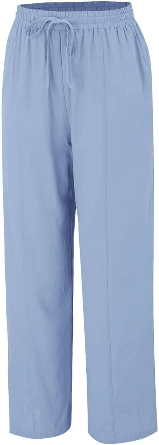 Women Linen Pants Summer Trouser Pant Cotton Blend Drawstring Elastic Waist Pocket Long Wide Leg Linen Pants Women