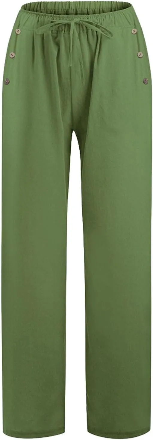 Women Linen Pants Wide Leg Drawstring High Waisted Pants Summer Flowy Lounge Beach Trousers with Pockets