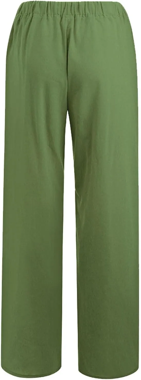 Women Linen Pants Wide Leg Drawstring High Waisted Pants Summer Flowy Lounge Beach Trousers with Pockets
