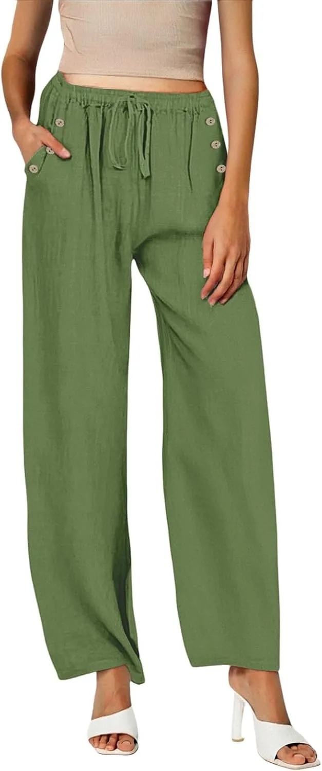 Women Linen Pants Wide Leg Drawstring High Waisted Pants Summer Flowy Lounge Beach Trousers with Pockets