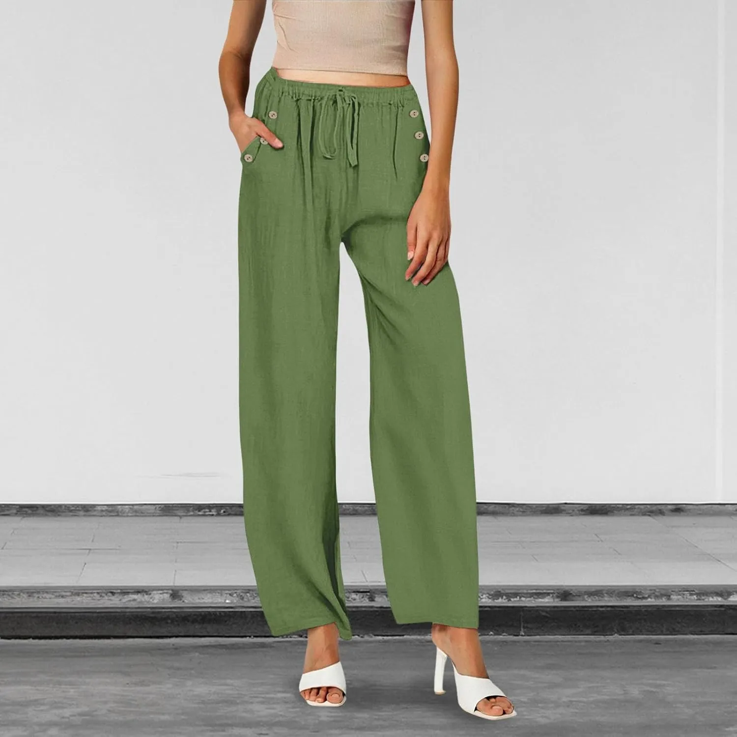 Women Linen Pants Wide Leg Drawstring High Waisted Pants Summer Flowy Lounge Beach Trousers with Pockets