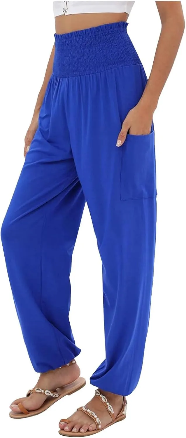 Women Linen Summer Solid Palazzo Lounge Pants Low Waist Stretchy Straight Loose Fit Trousers Office