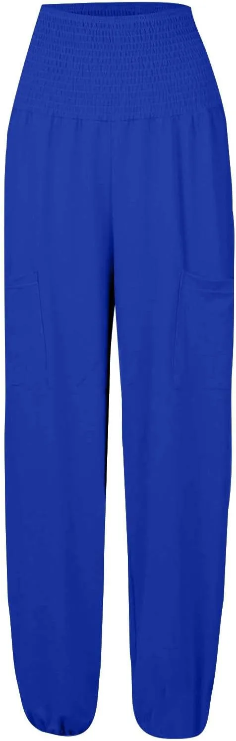 Women Linen Summer Solid Palazzo Lounge Pants Low Waist Stretchy Straight Loose Fit Trousers Office