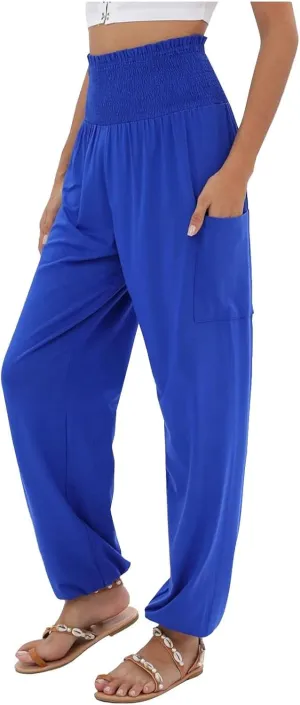 Women Linen Summer Solid Palazzo Lounge Pants Low Waist Stretchy Straight Loose Fit Trousers Office