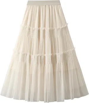 Women Mid Length Skirt Dance Party A Line High Waisted Ruffles Tulle Skirt Holiday Party Costume Half Skirt Women