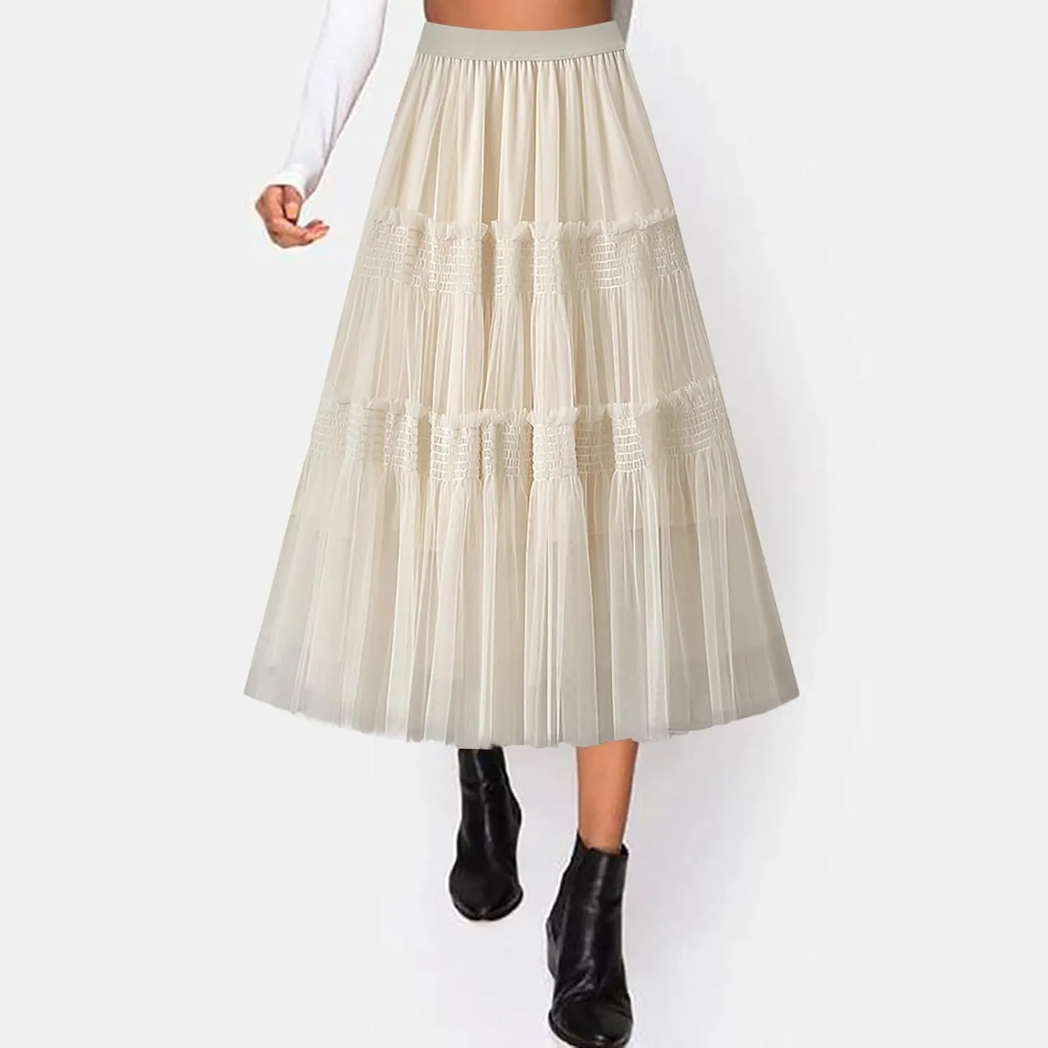 Women Mid Length Skirt Dance Party A Line High Waisted Ruffles Tulle Skirt Holiday Party Costume Half Skirt Women