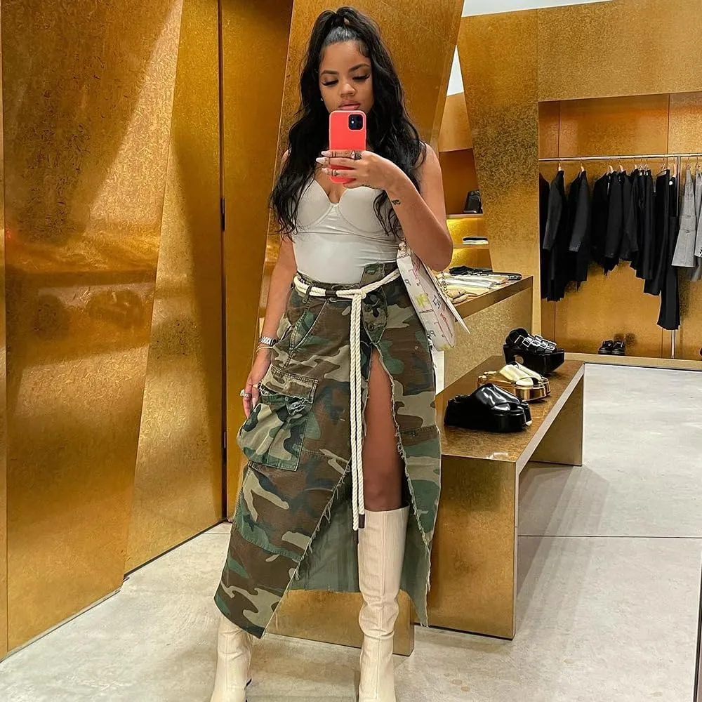 Women Mini Skirt Sexy Camo Cargo Skirt with High Split Summer Camouflage Skirt