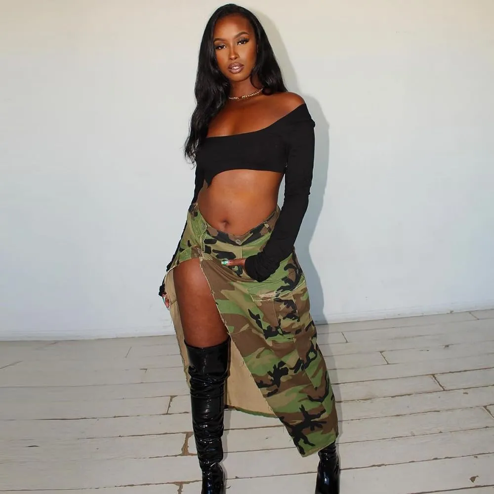 Women Mini Skirt Sexy Camo Cargo Skirt with High Split Summer Camouflage Skirt