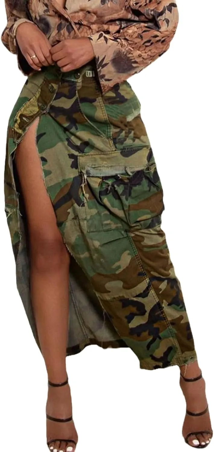 Women Mini Skirt Sexy Camo Cargo Skirt with High Split Summer Camouflage Skirt
