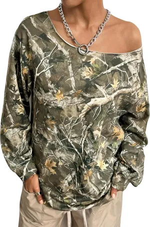 Women Off The Shoulder Camo Sweatshirt Oversized Maple Leaf Long Sleeve Pullover Hoodie Loose Trendy Y2K Fall Tops