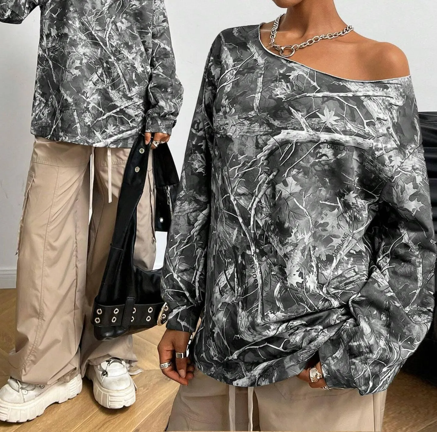 Women Off The Shoulder Camo Sweatshirt Oversized Maple Leaf Long Sleeve Pullover Hoodie Loose Trendy Y2K Fall Tops