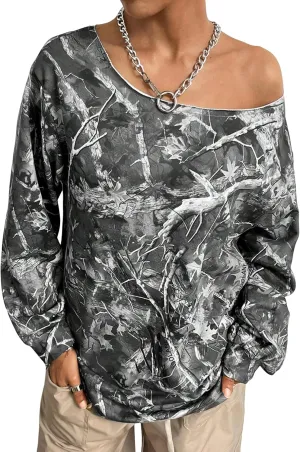 Women Off The Shoulder Camo Sweatshirt Oversized Maple Leaf Long Sleeve Pullover Hoodie Loose Trendy Y2K Fall Tops