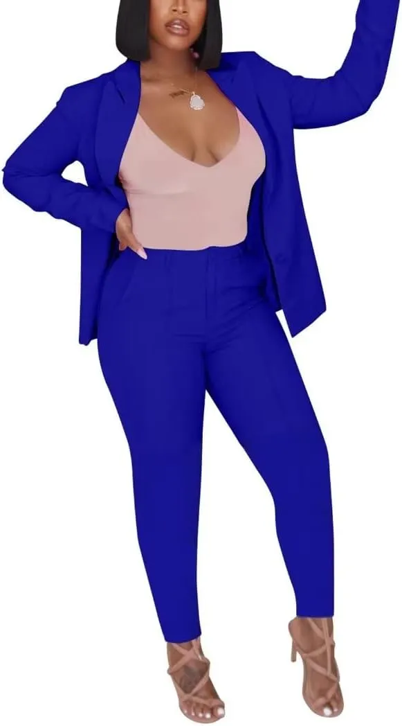 Women Open Front Long Sleeve Blazer and Pants Set Sexy Bodycon Business Pants Suit Formal 2 Piece Outfits